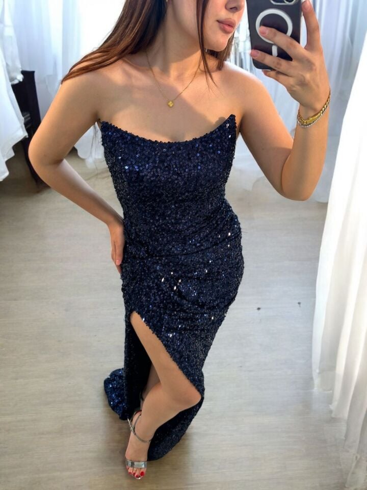 Glam Straplez Full Payetli Lacivert Renk Balık Model Abiye Elbise