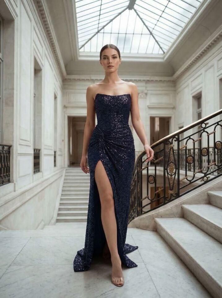 Glam Straplez Full Payetli Lacivert Renk Balık Model Abiye Elbise 36