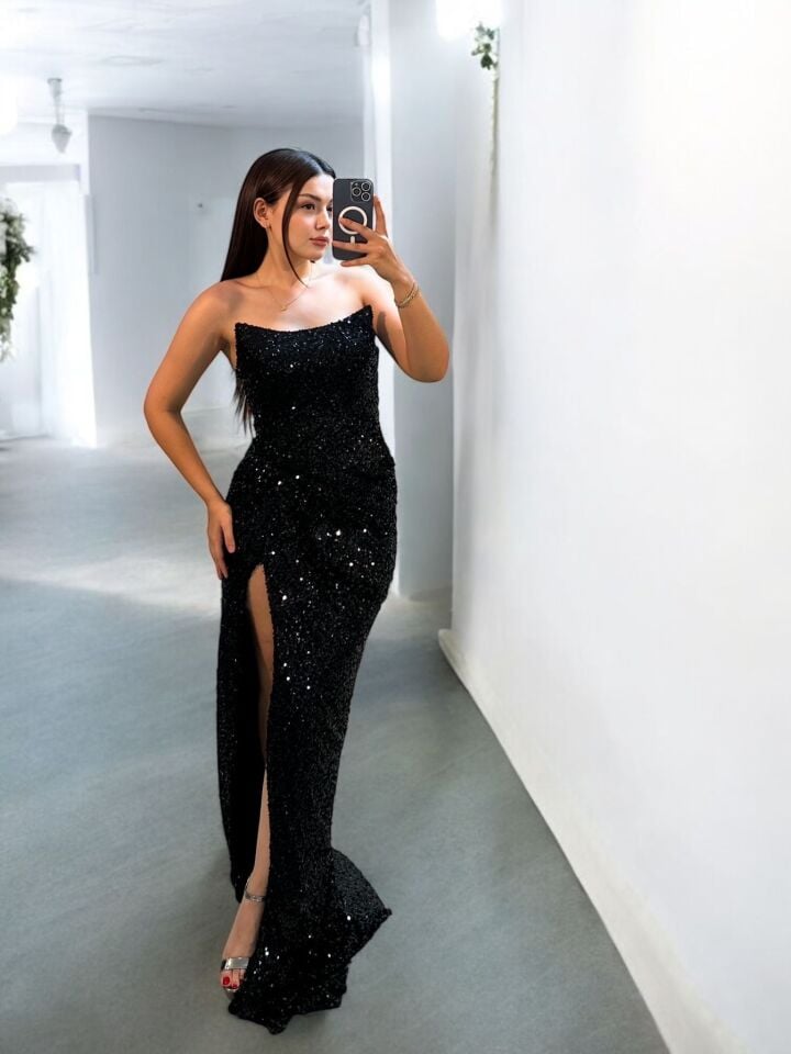 Glam Straplez Full Payetli Siyah Renk Balık Model Abiye Elbise