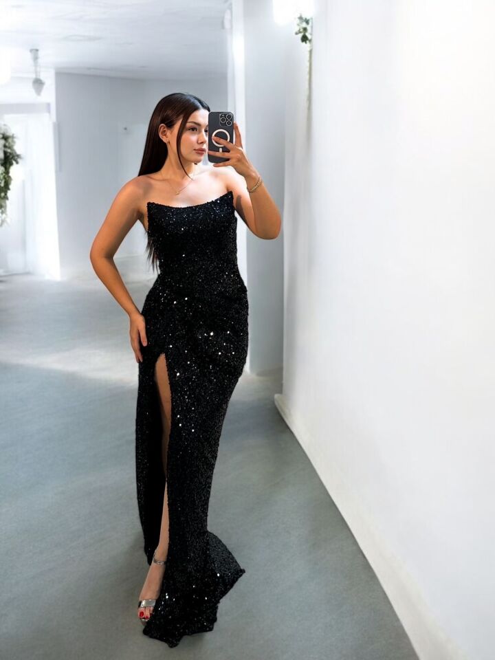 Glam Straplez Full Payetli Siyah Renk Balık Model Abiye Elbise 36