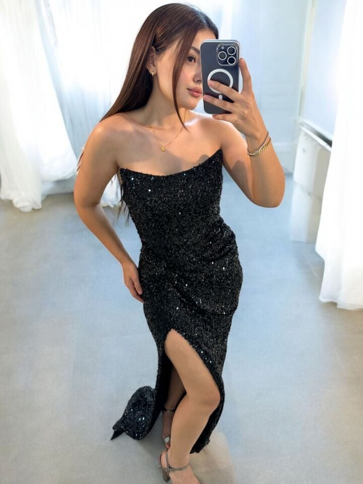 Glam Straplez Full Payetli Siyah Renk Balık Model Abiye Elbise