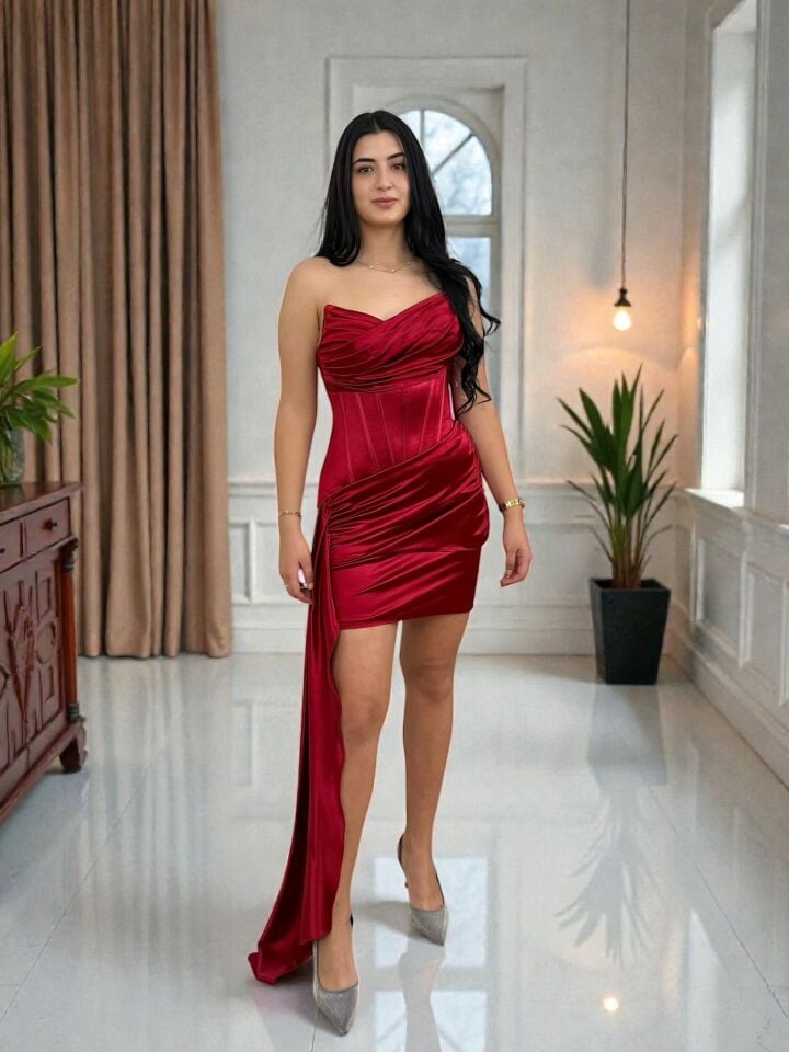 Fency Kuyruklu Saten Bordo Renk Mini Elbise 36