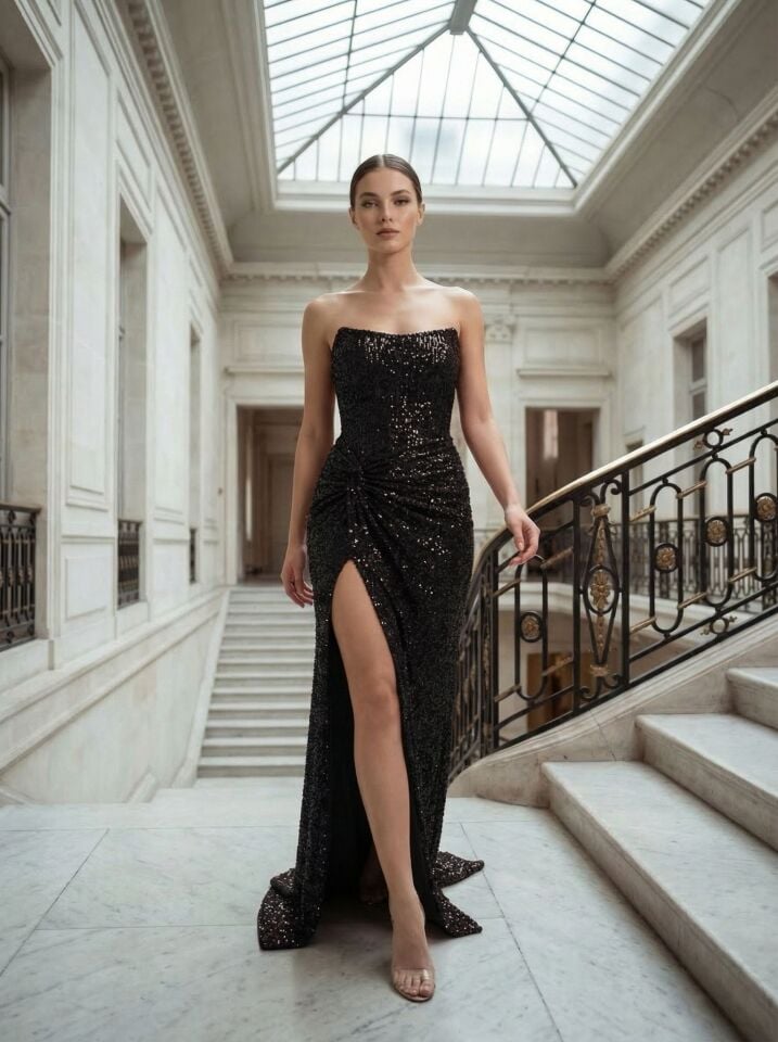 Glam Straplez Full Payetli Siyah Renk Balık Model Abiye Elbise 42
