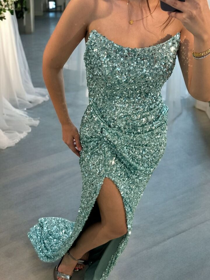 Glam Straplez Full Payetli Turkuvaz Mavi Renk Balık Model Abiye Elbise