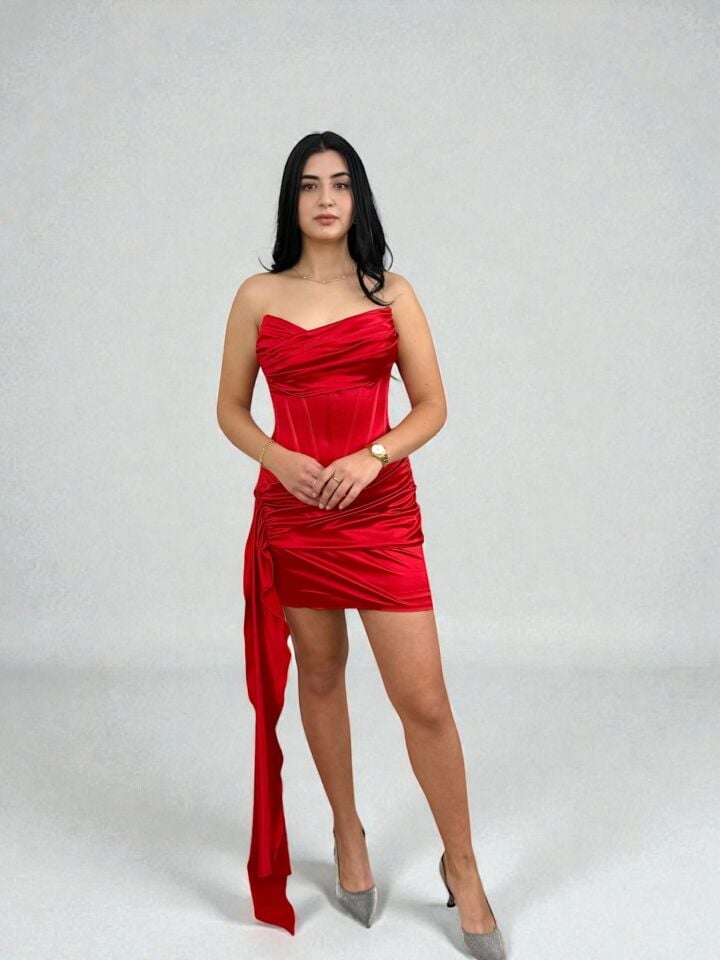 Fency Kuyruklu Saten Kırmızı Renk Mini Elbise 36