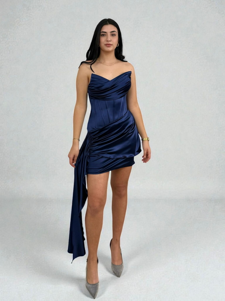 Fency Kuyruklu Saten Lacivert Renk Mini Elbise 40