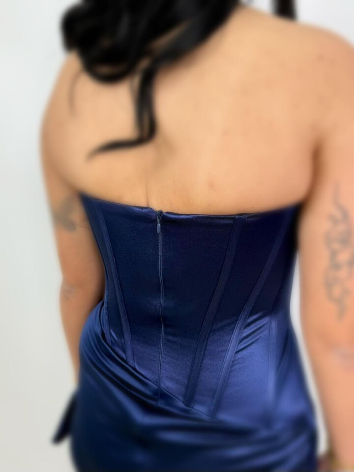 Fency Kuyruklu Saten Lacivert Renk Mini Elbise 40