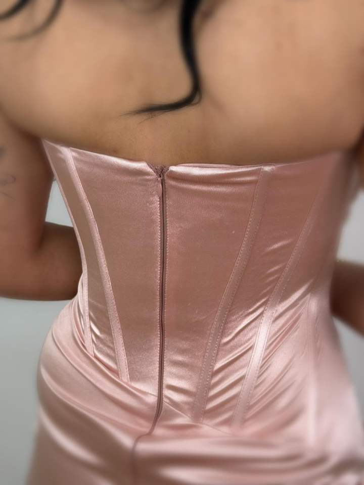 Fency Kuyruklu Saten Pudra Pembe Renk Mini Elbise 36