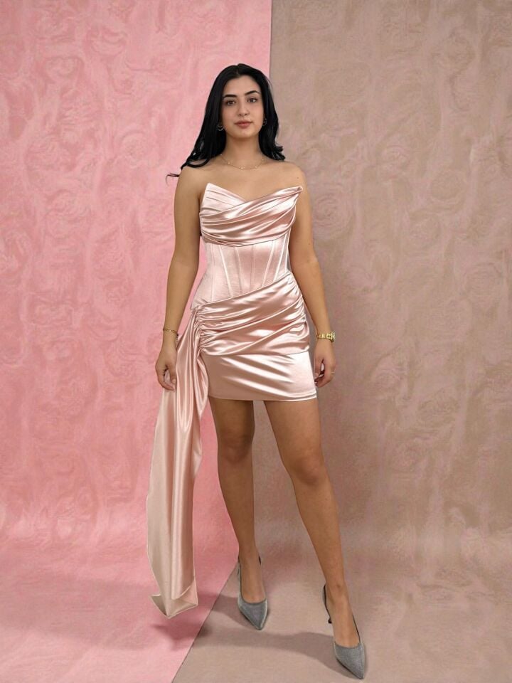 Fency Kuyruklu Saten Pudra Pembe Renk Mini Elbise 36