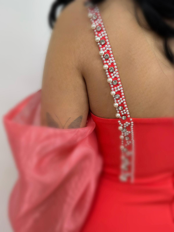 Erina Yırtmaç Detalı İnci Ve Taş Aksesuarlı Yavru Ağzı Renk Abiye Elbise