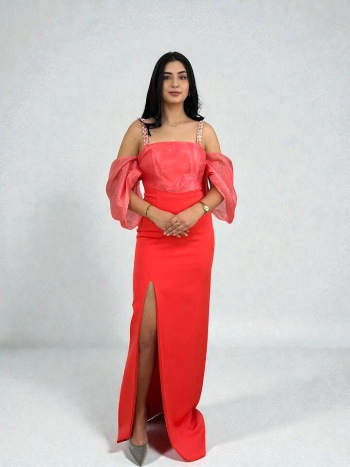 Erina Yırtmaç Detalı İnci Ve Taş Aksesuarlı Yavru Ağzı Renk Abiye Elbise 42