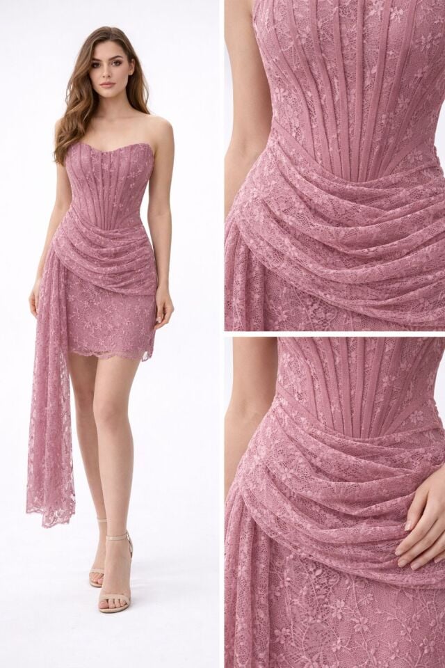 Lopez Dantel Kumaşlı Kuşak Detaylı Pembe Mini Elbise 36