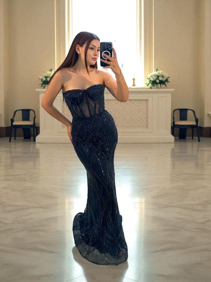 Calis Straplez Transparan Korse Detaylı Lacivert Renk Balık Model Elbise 42