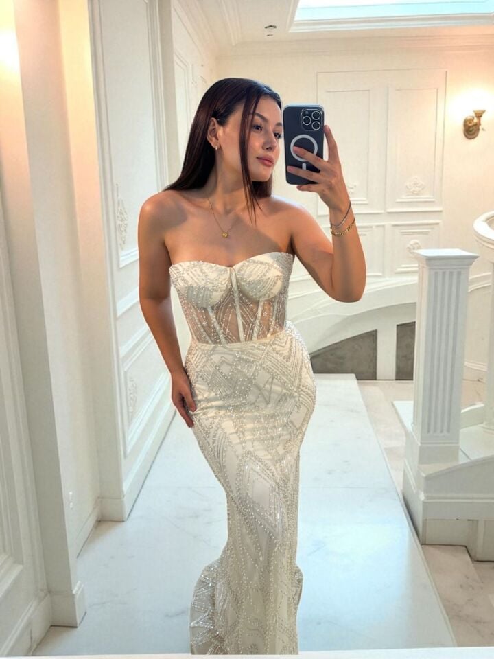 Calis Straplez Transparan Korse Detaylı Ekru Renk Balık Model Elbise 42