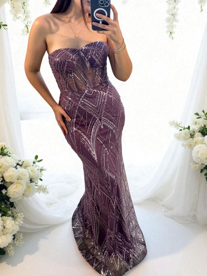 Calis Straplez Transparan Korse Detaylı Lila Renk Balık Model Elbise 36