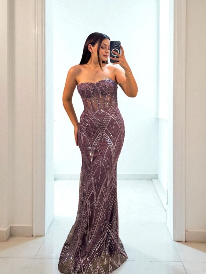 Calis Straplez Transparan Korse Detaylı Lila Renk Balık Model Elbise 42