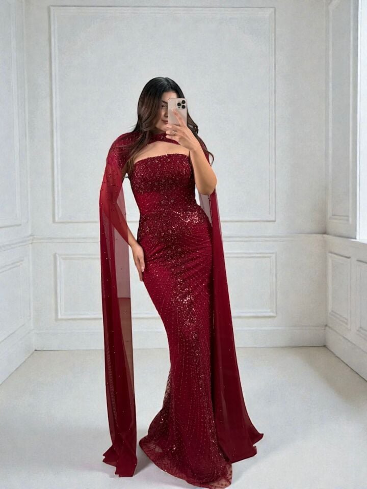 Valentina Boncuk Payet İşlemeli Pelerinli Bordo Tasarım Abiye Elbise 36