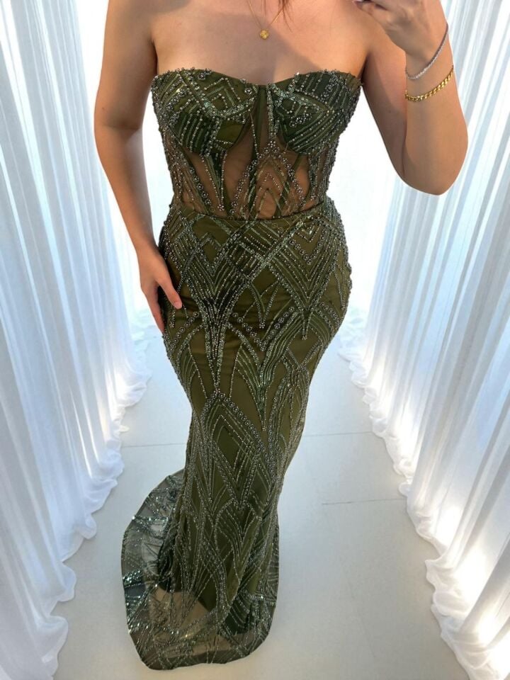 Calis Straplez Transparan Korse Detaylı Yeşil Renk Balık Model Elbise 40