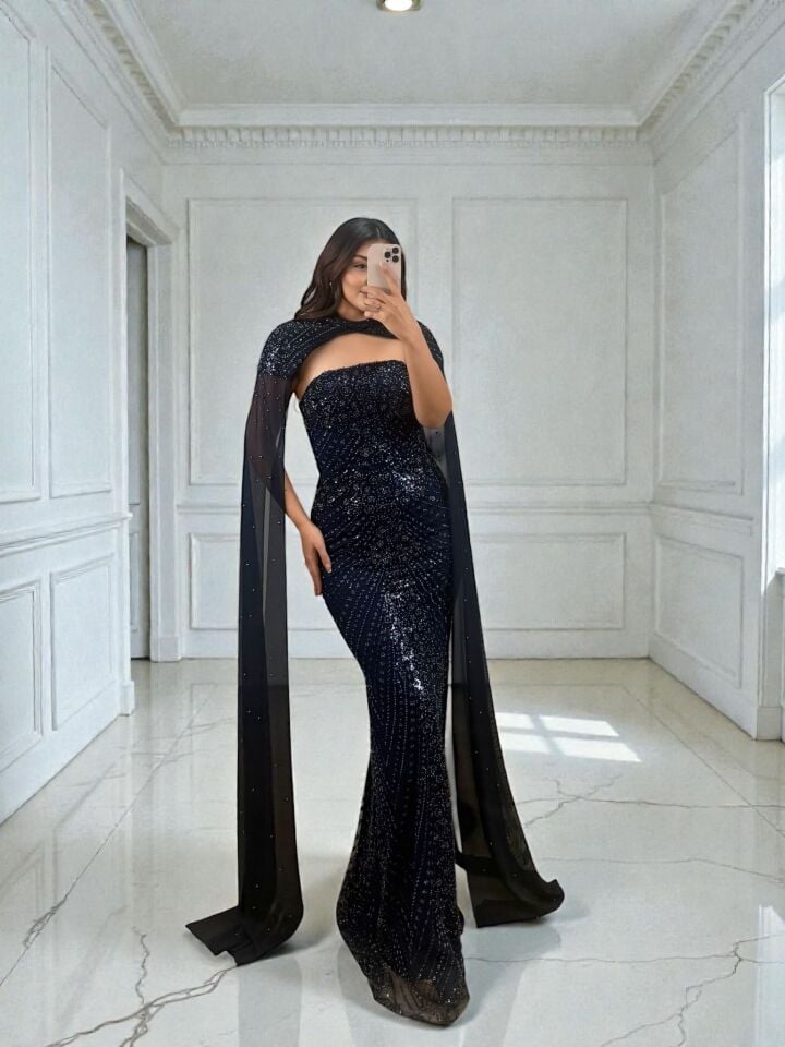 Valentina  Boncuk Payet İşlemeli Pelerinli Lacivert Tasarım Abiye Elbise 44