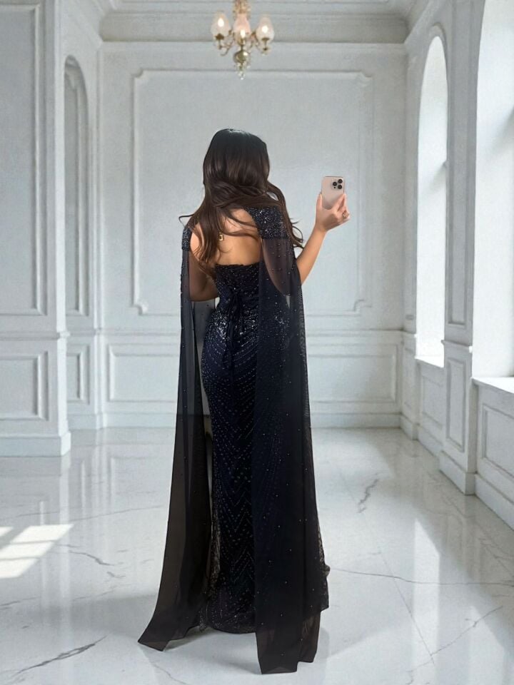 Valentina  Boncuk Payet İşlemeli Pelerinli Lacivert Tasarım Abiye Elbise 44