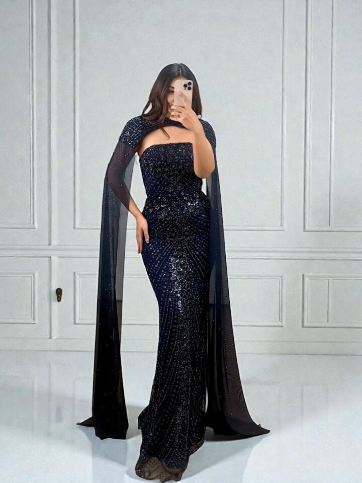 Valentina  Boncuk Payet İşlemeli Pelerinli Lacivert Tasarım Abiye Elbise 38