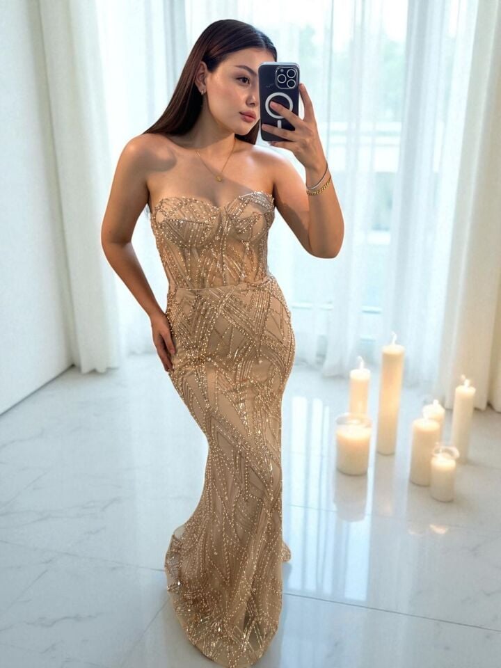 Calis Straplez Transparan Korse Detaylı Gold Renk Balık Model Elbise 36