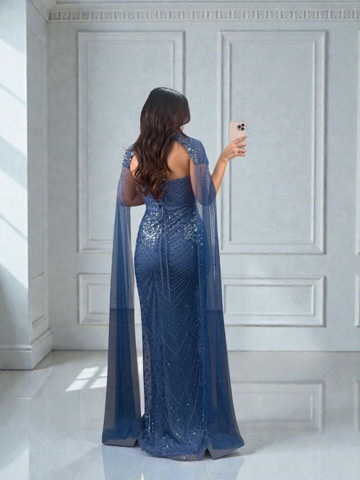 Valentina  Boncuk Payet İşlemeli Pelerinli İndigo Tasarım Abiye Elbise 38