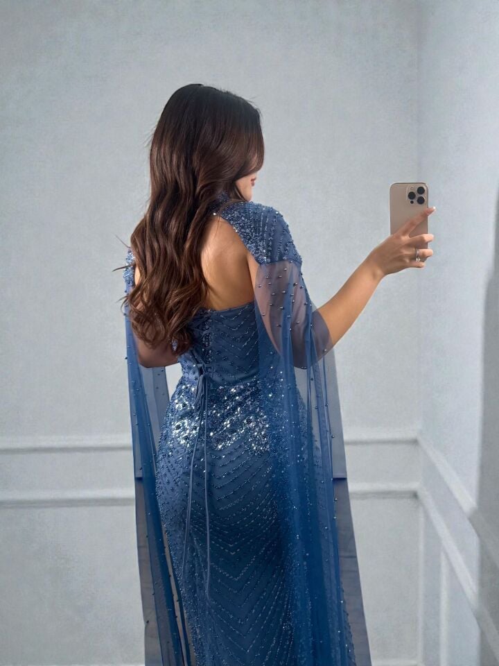 Valentina  Boncuk Payet İşlemeli Pelerinli İndigo Tasarım Abiye Elbise 40