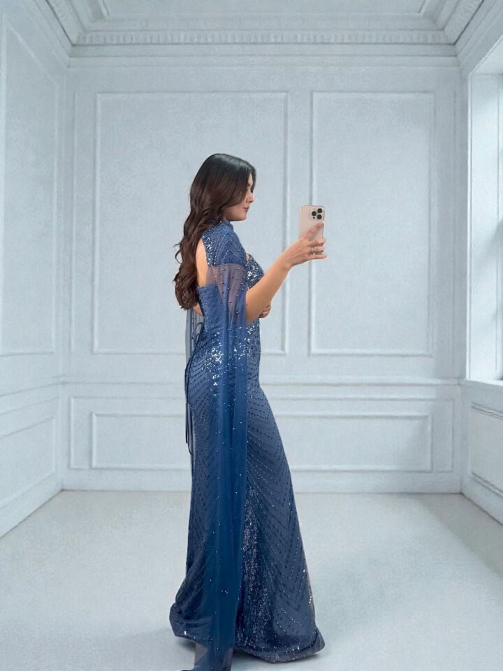 Valentina  Boncuk Payet İşlemeli Pelerinli İndigo Tasarım Abiye Elbise 38