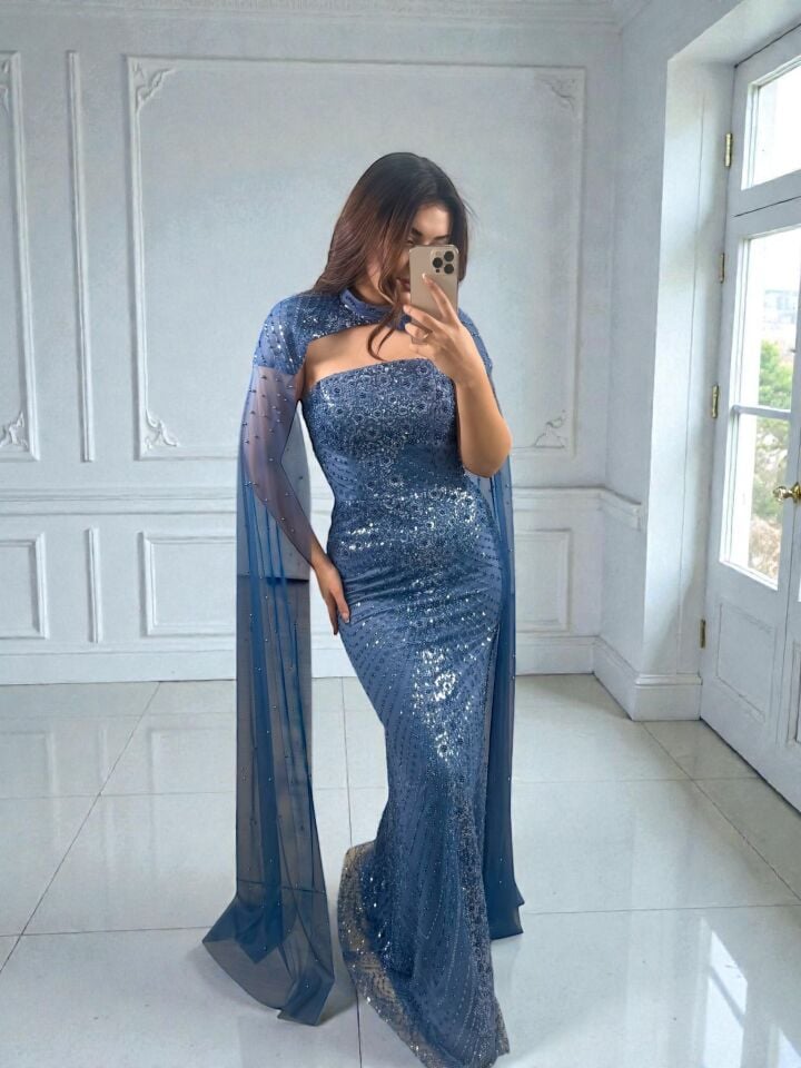 Valentina  Boncuk Payet İşlemeli Pelerinli İndigo Tasarım Abiye Elbise 38