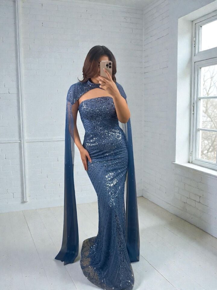 Valentina  Boncuk Payet İşlemeli Pelerinli İndigo Tasarım Abiye Elbise 38