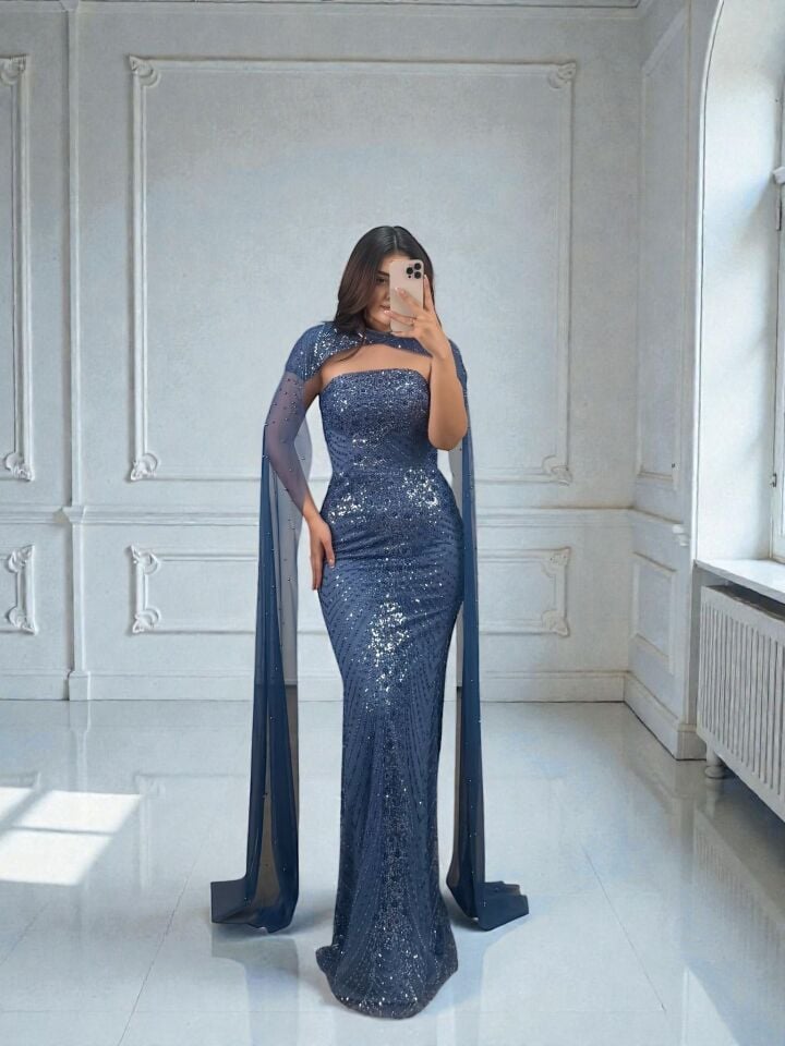 Valentina  Boncuk Payet İşlemeli Pelerinli İndigo Tasarım Abiye Elbise 44