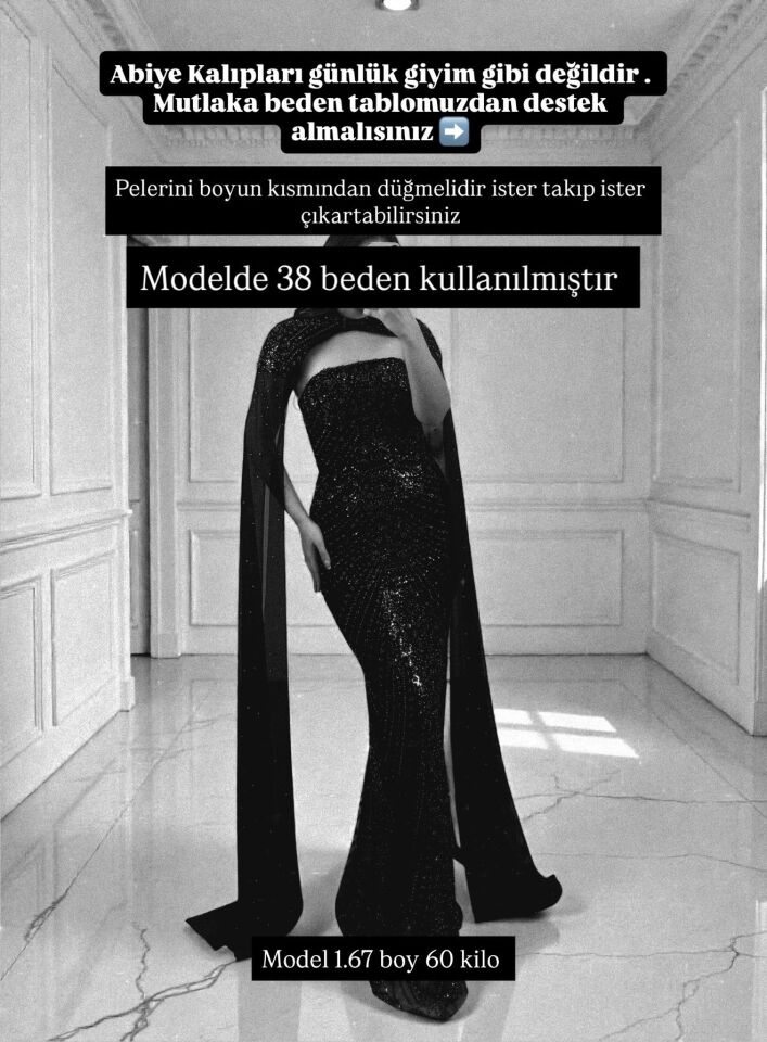 Valentina Boncuk Payet İşlemeli Pelerinli Siyah Tasarım Abiye Elbise 42