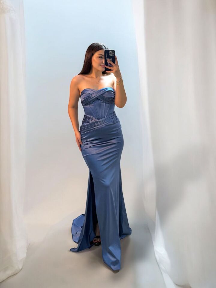 Aura Korseli Balık Model Saten Straplez İndigo Renk Abiye Elbise