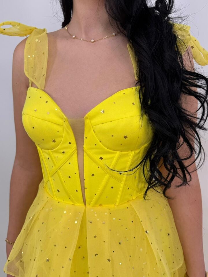 Siana Korseli Katlı Model Sarı Renk Abiye Elbise