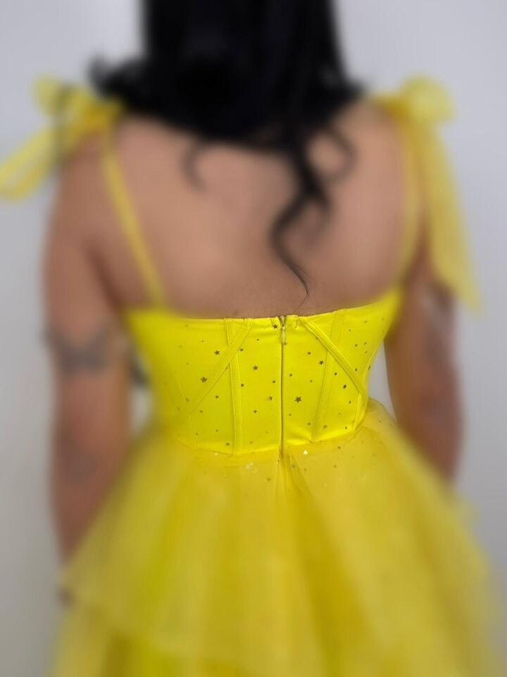 Siana Korseli Katlı Model Sarı Renk Abiye Elbise 40