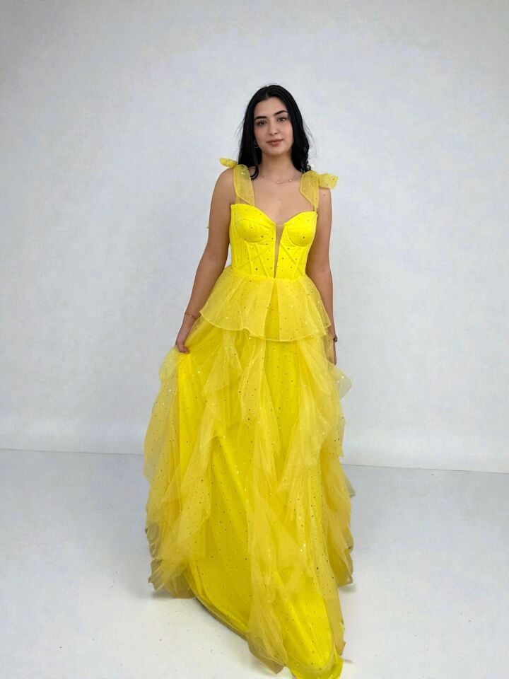 Siana Korseli Katlı Model Sarı Renk Abiye Elbise 40