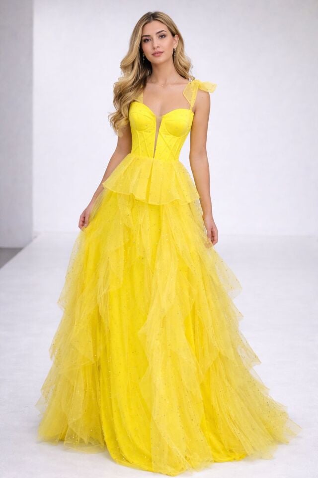 Siana Korseli Katlı Model Sarı Renk Abiye Elbise 40