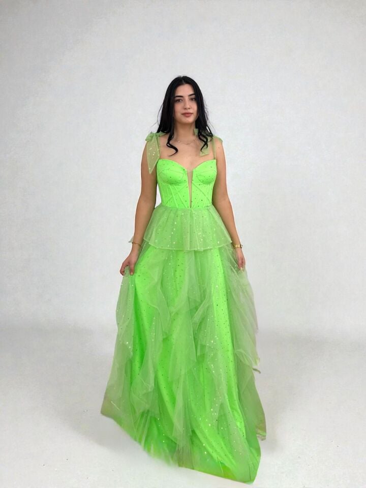 Siana Korseli Katlı Model Neon Yeşil Renk Abiye Elbise 40