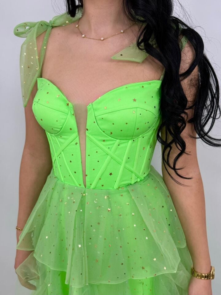 Siana Korseli Katlı Model Neon Yeşil Renk Abiye Elbise 38