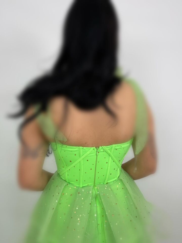 Siana Korseli Katlı Model Neon Yeşil Renk Abiye Elbise