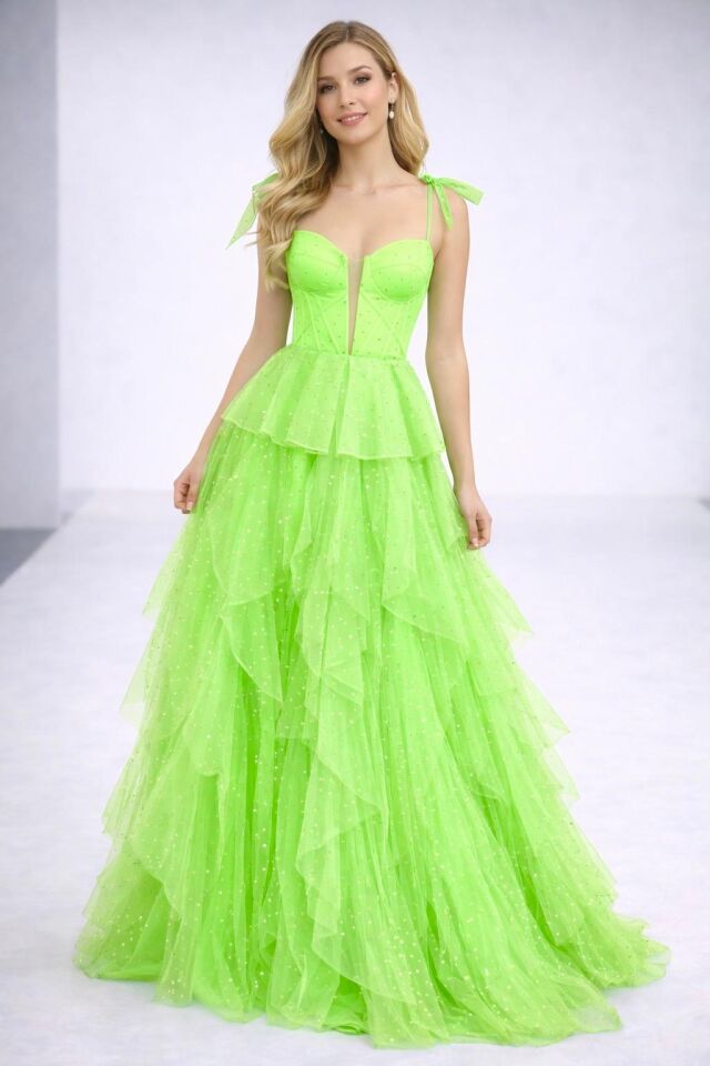 Siana Korseli Katlı Model Neon Yeşil Renk Abiye Elbise 40