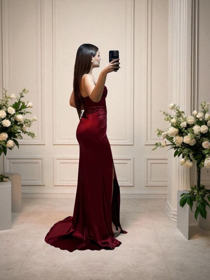 Aura Korseli Balık Model Saten Straplez Bordo Renk Abiye Elbise