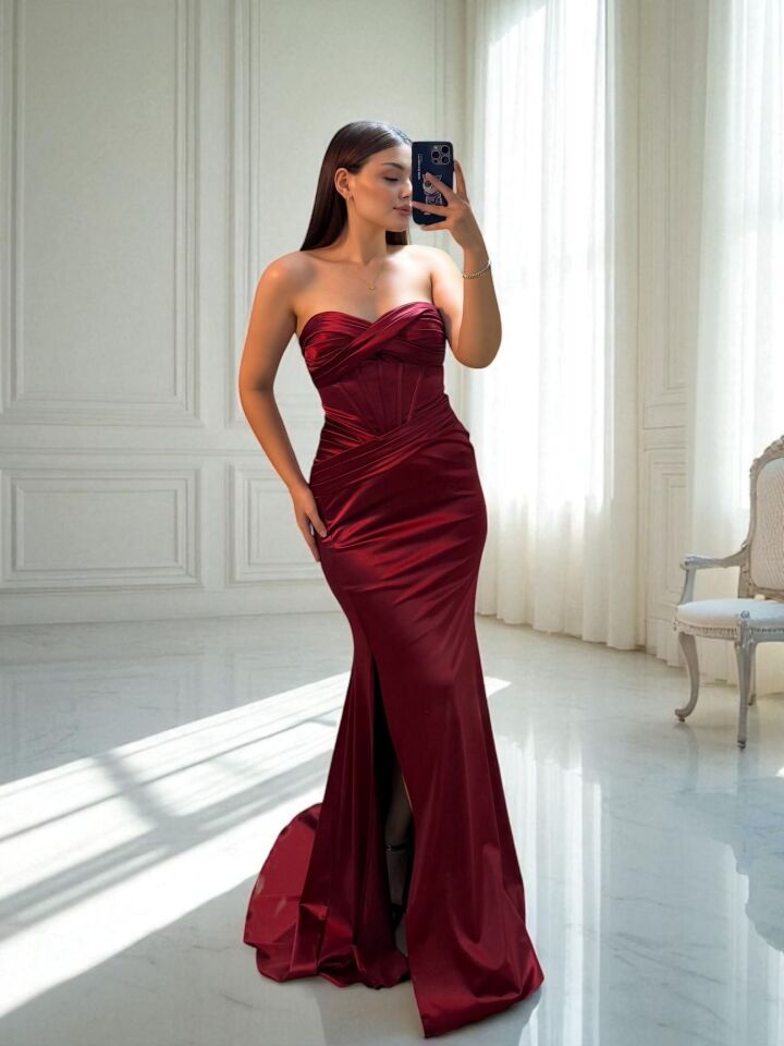 Aura Korseli Balık Model Saten Straplez Bordo Renk Abiye Elbise