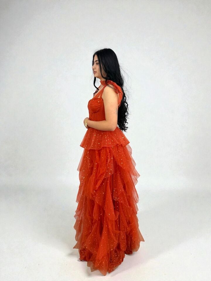 Siana Korseli Katlı Model Turuncu Renk Abiye Elbise