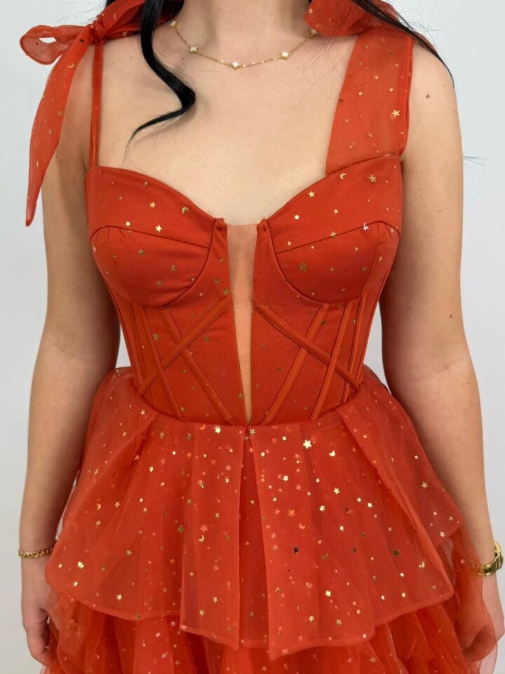 Siana Korseli Katlı Model Turuncu Renk Abiye Elbise 38