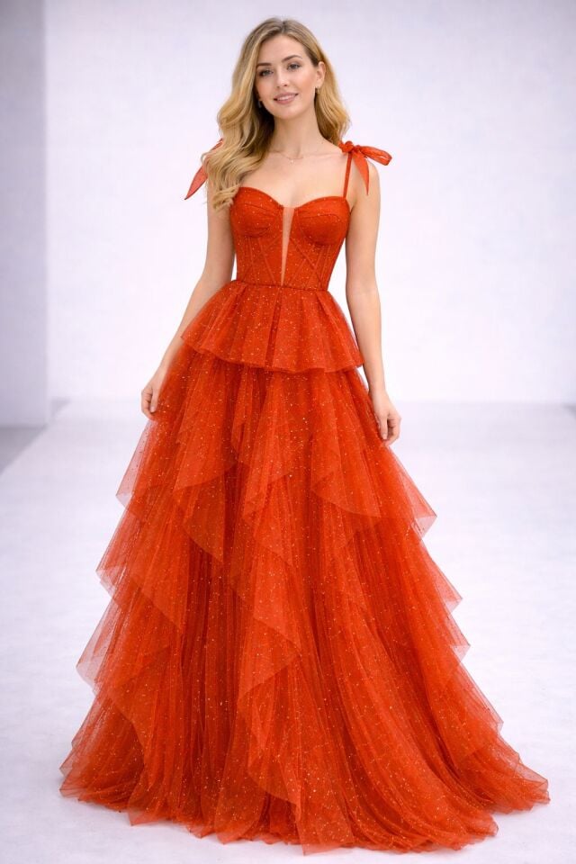 Siana Korseli Katlı Model Turuncu Renk Abiye Elbise 40