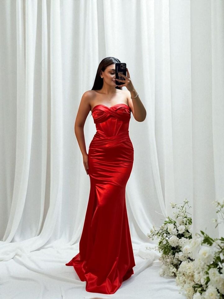 Aura Korseli Balık Model Saten Straplez Nar Çiçeği Renk Abiye Elbise 36