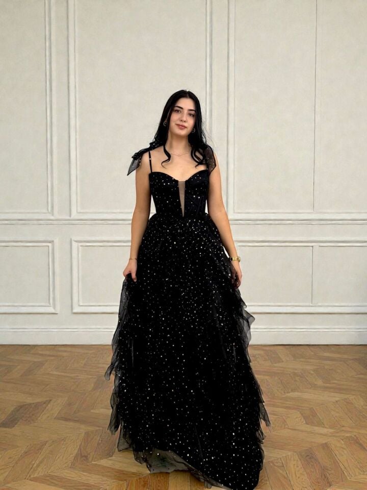 Siana Korseli Katlı Model Siyah Renk Abiye Elbise 40