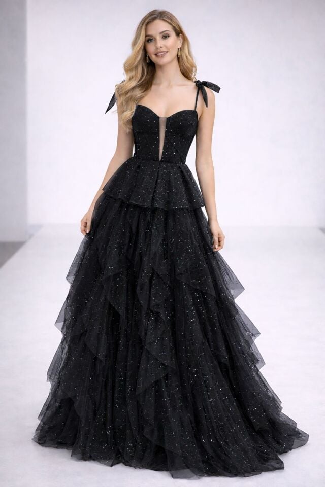 Siana Korseli Katlı Model Siyah Renk Abiye Elbise 36